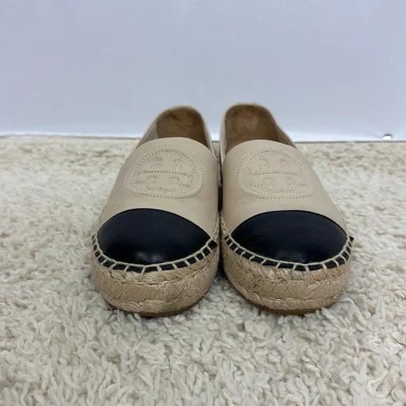 Tory Burch Benton Color Block Espadrille-Nappa Leather Size 7.5 Ivory Black‎ - Picture 3 of 11